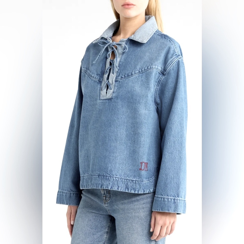 Damson Madder Scarlet Lace Up Shirt Size 2 Denim Oversized Jean Jacket Collar